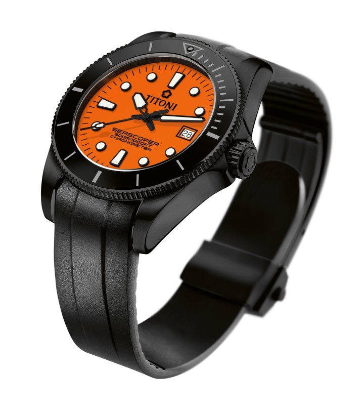 SEASCOPER 83300 B-BK-R-715 (Ø42.00mm). Limited Edition (100 pieces worldwide). Stainless steel case with DLC coating. Orange dial & black ceramic bezel. SW200-1, chronometer certified (COSC). Water resistance: up to 300m (30 ATM). Rubber strap.