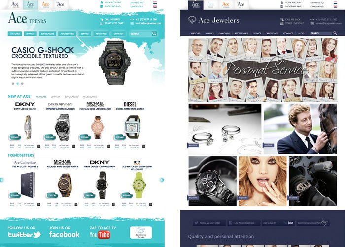 The two new websites AceTrends.com (left) and AceJewelers.com