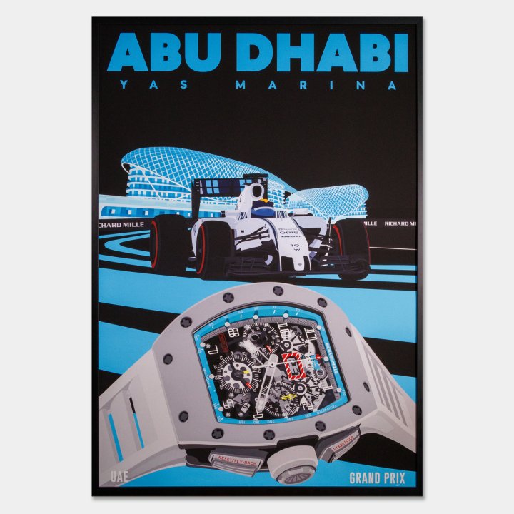 Abu Dhabi, Yas Marina, Felipe Massa (one-off piece, made to order): “The Yas Marina Circuit enjoys a well-deserved reputation for hosting the most memorable performances, including Felipe Massa's remarkable display at the 2014 Abu Dhabi Grand Prix. This artwork is a reminder of the exhilaration and excitement that emanate from this legendary racetrack. Each meticulously crafted detail captures the essence of Yas Marina's legacy in a palette of blacks, electric blues and greys. Shapes precisely intertwine, connecting at 60,000 separate points. In celebration of the partnership between Yas Marina Circuit and Richard Mille, the renowned watchmaker unveiled the limited-edition RM 011 Felipe Massa Flyback Chronograph Yas Marina Circuit. This exceptional watch symbolises the harmonious fusion of art and motorsport.”