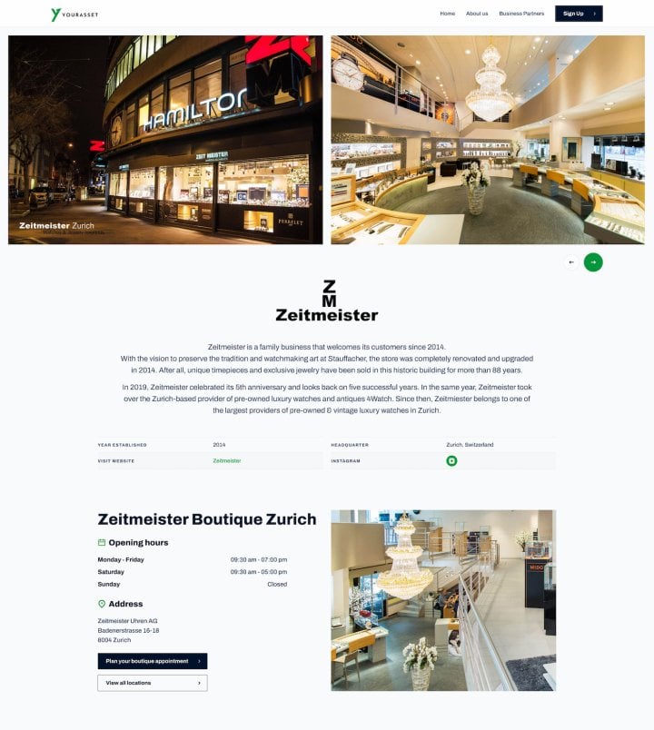 Zeitmeister's digital boutique on the Yourasset platform