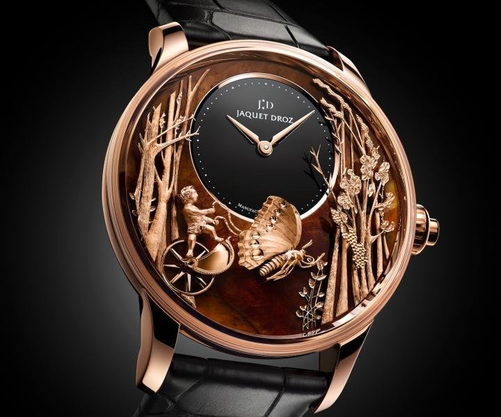 After the success of the onyx and meteorite variants, Jaquet Droz launched a new version of its Loving Butterfly Automaton this year. The dial is made of a wood petrified 140 to 180 million years ago called Chinchilla Red. The animated objet d'art is inspired by a drawing entitled Butterfly Driven by Love, which was sketched in 1774 by The Draughtsman, an automaton created by Henri-Louis Jaquet-Droz (see cover image of the article).