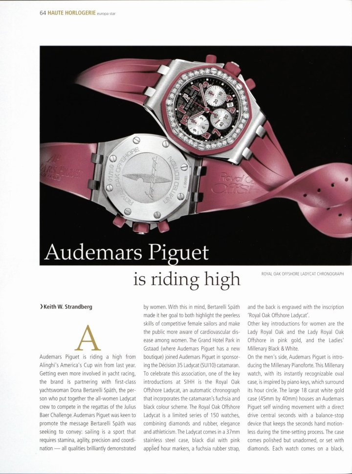 In 2007, Dona Bertarelli Späth took part in her first Decision 35 Trophy championship with an all-female team. Her boat was called Ladycat, and Audemars Piguet commemorated the success of these inspiring athletes with a Royal Oak Offshore Chronograph in her distinctive fuchsia and black livery. The diamond-set bezel and rubber strap proclaim the model's heritage.