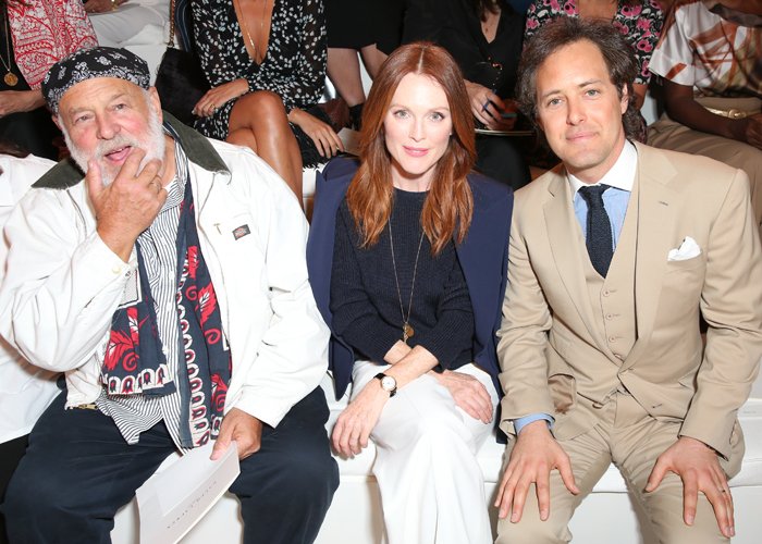 Julianne Moore sitting between Bruce Weber (left) and David Lauren (right)