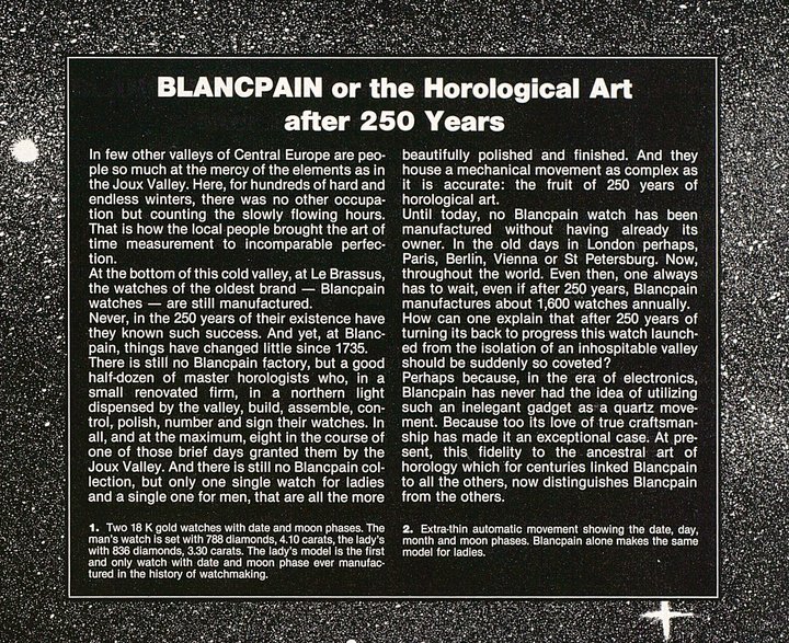 Blancpain's “manifesto” in a 1985 issue of Europa Star
