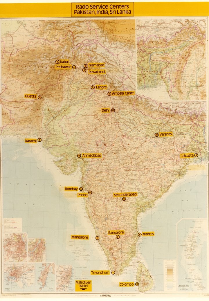 The various Rado service centres in the mid-1980s.