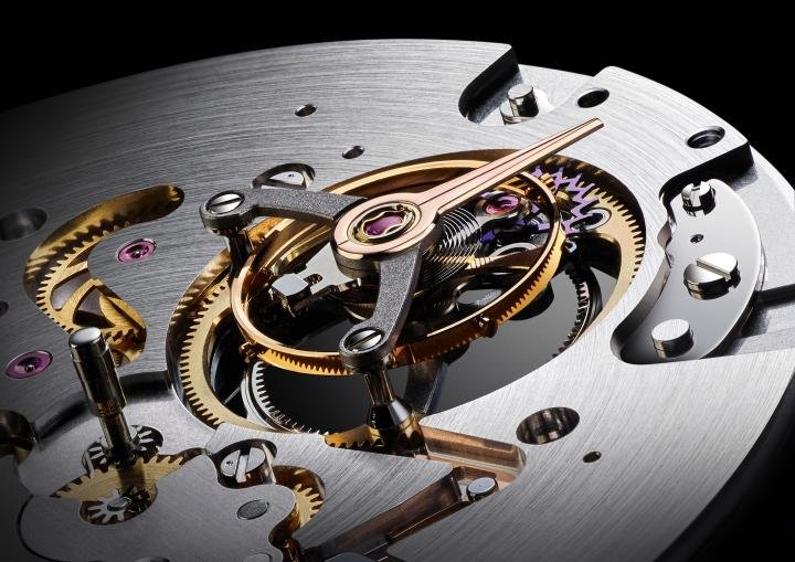 Close-up of the highly innovative CFB T3000 movement with its suspended tourbillon