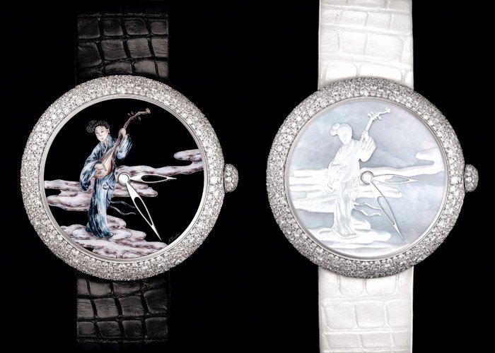 Above: Set of two Mademoiselle Privé Coromandel watches, sold as a pair. 18K white gold and snow-set diamond case. ‘Grand feu' enamel miniatures on 18K gold dial using the Geneva technique and carved mother-of-pearl. Self-winding mechanical movements. 42-hour power reserve. Alligator mississippiensis strap with diamond-set folding buckle. Diameter: 37.5 mm. One-of-a-kind pieces made in Switzerland.