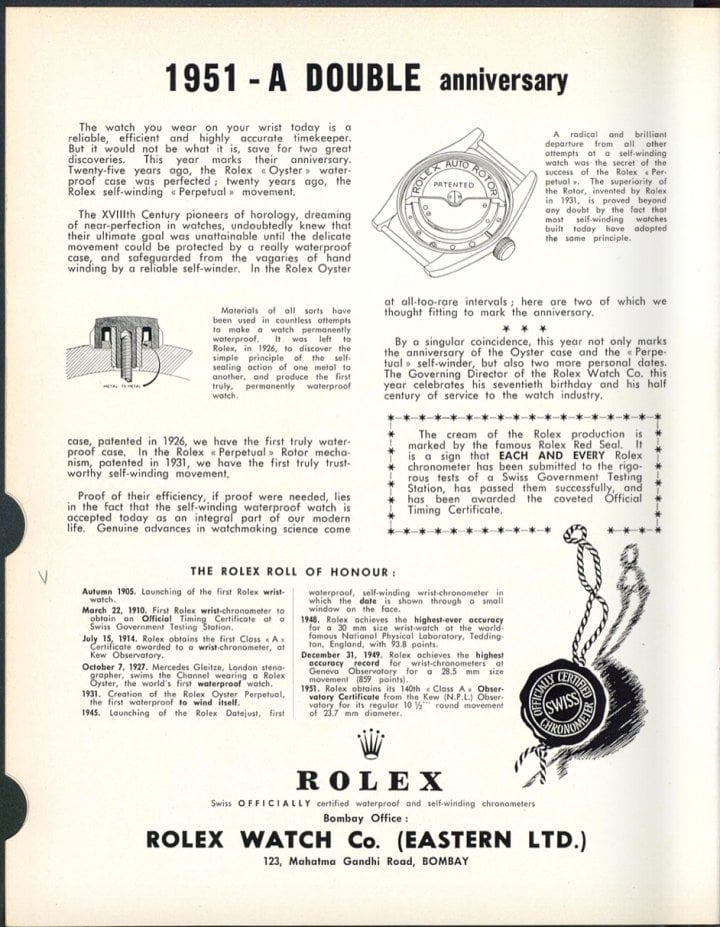 1951: the 25th anniversary of the Oyster case and the 20th anniversary of the Rolex Perpetual self-winding movement in an edition of Europa Star.