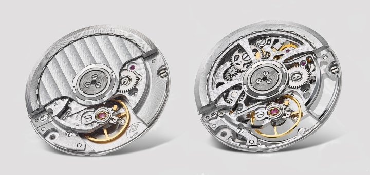 The Soprod M100, based on the Soprod A10, is an automatic movement measuring 25.60mm x 3.6mm with a 42-hour power reserve, beating at 28,800 vph (4 Hz). Incabloc. Hours, minutes, central second hand, date. Various versions are available, including the skeleton version pictured here.