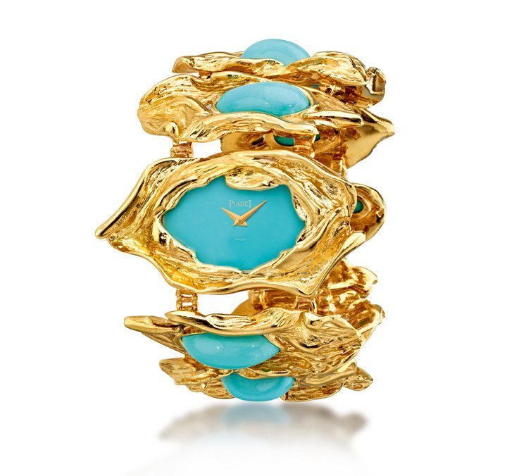Piaget jewellery watch, yellow gold and turquoise. Manufacture 9P ultra-thin hand-wound movement. 1969. Piaget Private Collection.