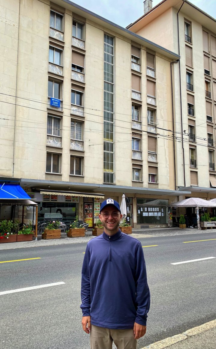 Adam Lassner in front of the Benedict Watch offices, during a journey to rediscover the family watchmaking heritage in 2021.
