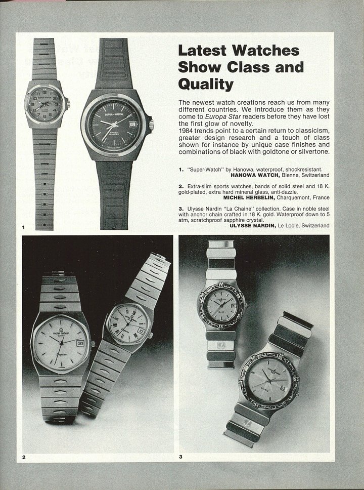 In the 1980s Hanowa began exploring a new segment of robust watches, illustrated by this 1984 feature on the Super Watch. This would lead to the launch, in the 1990s, of a separate brand, Swiss Military, and in 2015 official accreditation by the Swiss armed forces.