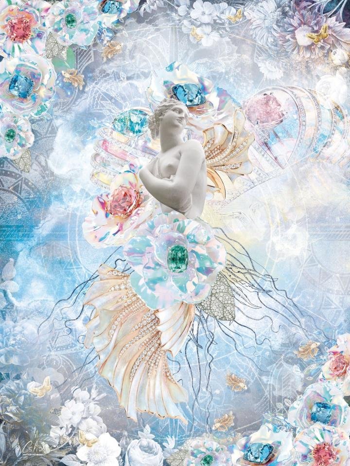 The collage by artist Célia Martorchio-Fabbri represents Flora, the goddess of spring. The beauty of nature is sublimated by the use of jewels.