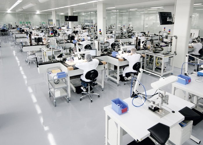 The assembly line for the Calibre 9300 in a separate clean room at ETA.