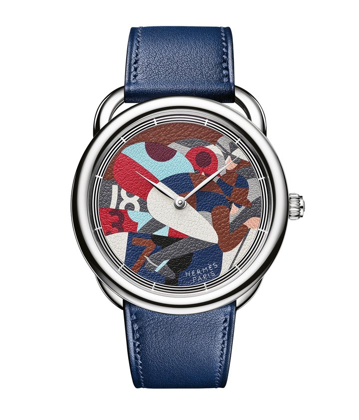 Hermès Arceau 18-3-7. Leather marquetry dial crafted at the Hermès workshops in Brügg.