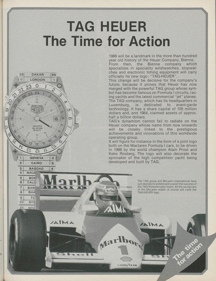 The year 1986 marked the addition of “TAG” to “Heuer”, following the purchase of the watch brand by the TAG group, which was very active in F1 and, alongside Porsche, developed the turbo engines used in the McLaren team cars.