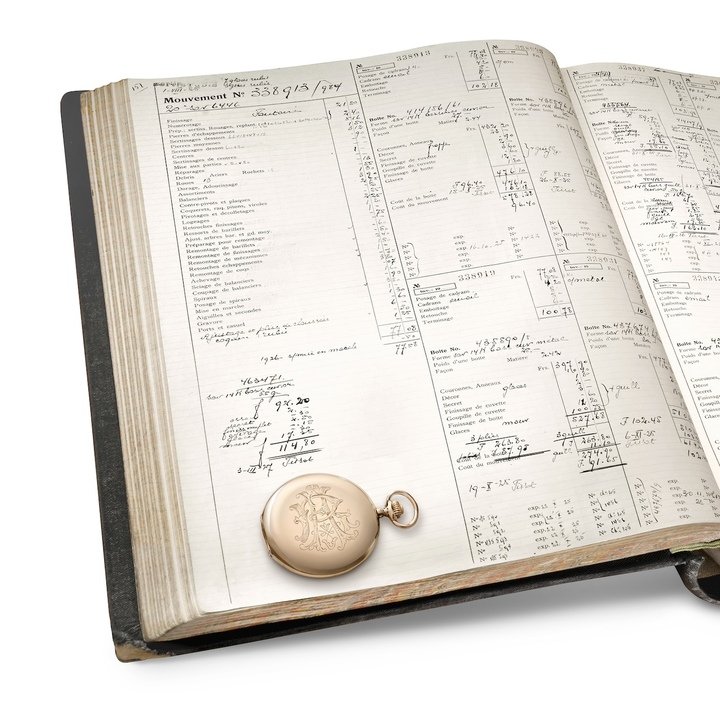 xample of a ledger, or ‘Grand livre' recording Tissot watch movements and its corresponding pocket watch, 1920s. Tissot Archive.