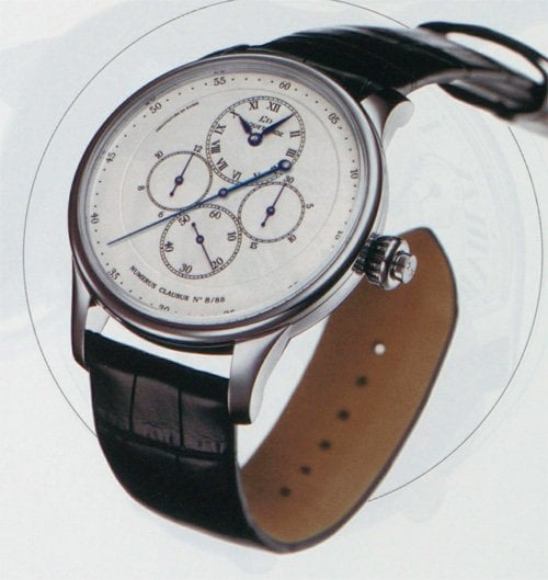 Monopusher chronograph with double barrel and enamel dial. 