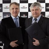 Tissot CEO François Thiébaud, left, and Eric Saintrond, FISU Secretary-General/CEO at the signing ceremony