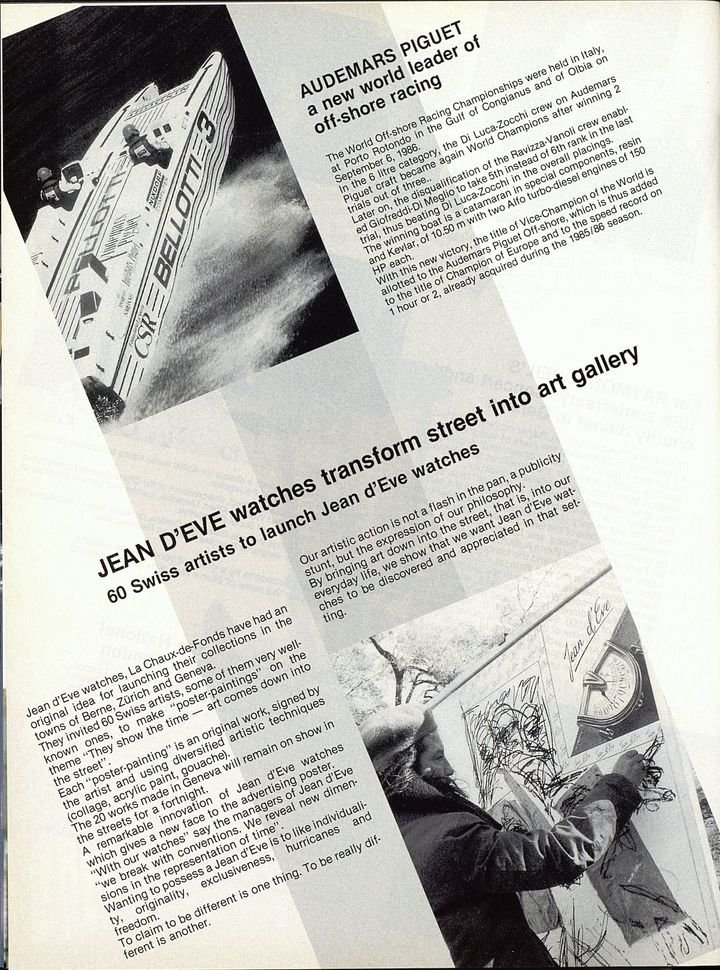 This 1986 article shows the inspiration for the Offshore brand: Audemars Piguet sponsored this Di Luca-Zocchi craft in the World Off-shore Racing Championships. These racing boats were big, bold, and vivid, just like the eventual Royal Oak Offshore line! 