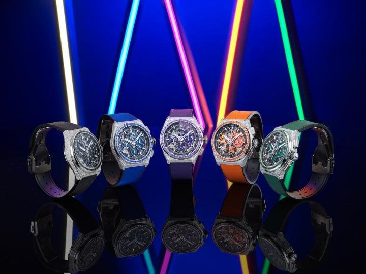Each version in the Defy 21 Spectrum series features a bezel set with 44 baguette-cut precious stones, with matching coloured movements and rubber straps: green tsavorites for the green edition, orange sapphires for the orange edition, blue sapphires for the blue edition, amethyst garnets for the purple edition, and black spinels for the black edition.