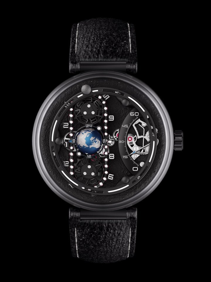 The B027 Perigee featuring Behrens' first in-house movement is equipped with a ruby chain hour display system to minimise friction, improve overall efficiency and avoid energy loss. A dome-shaped globe represents the day/night indication, while a new Moon-tracking system represents the satellite orbiting the dial.