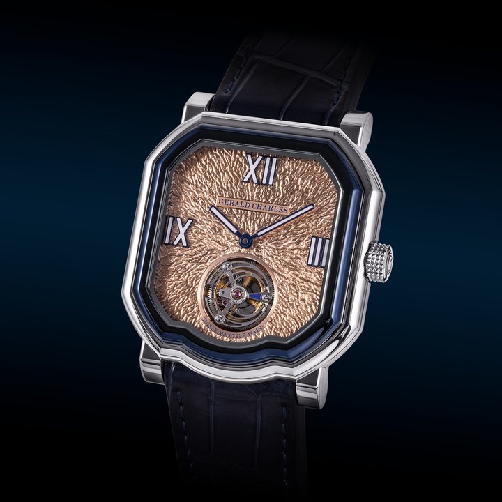 The Maestro 9.0 Roman Tourbillon stands out with its impressive hand-hammered gold dial.