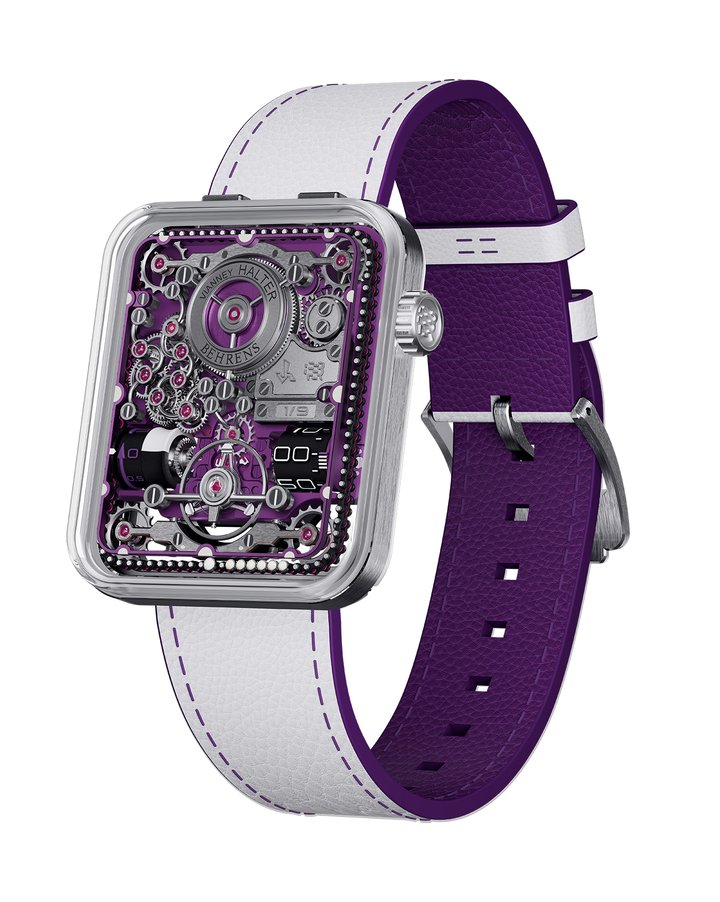 The KWH watch is offered in two case materials: 18k white gold, paired with a nebula purple dial and a moon white/nebula purple strap, or 18k rose gold, paired with a rock grey dial and a rock grey/twilight orange strap. Each version is limited to just 9 pieces worldwide. 