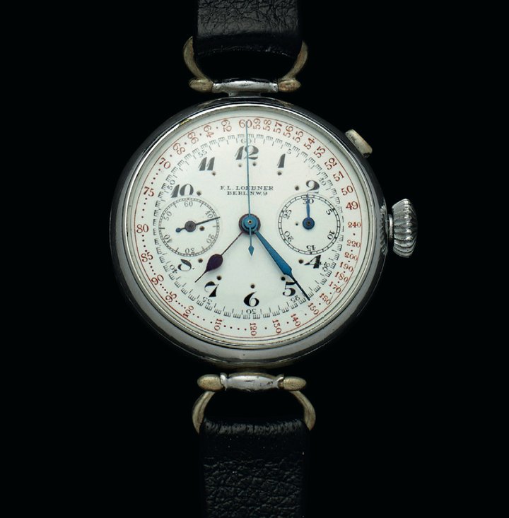 Löbner single-pusher chronograph with pulsometer scale and Minerva 19.09 movement.