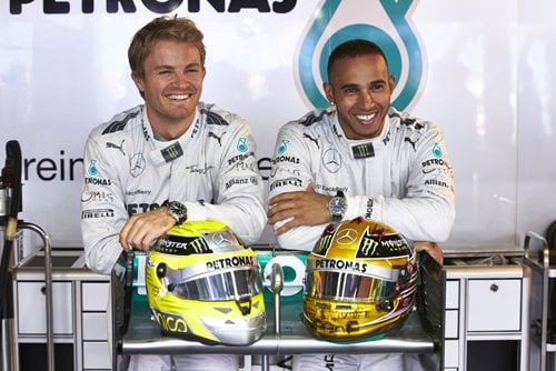 New IWC ambassadors Nico Rosberg, left, and Lewis Hamilton