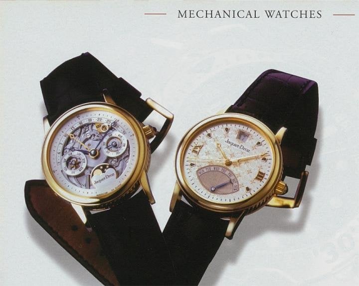 A Skeleton Automatic Perpetual Calendar, with retrograde month and moon, and the “Tapisserie” watch, with retrograde date and month, both published in Europa Star 4/1999, before the brand was sold to Swatch Group.