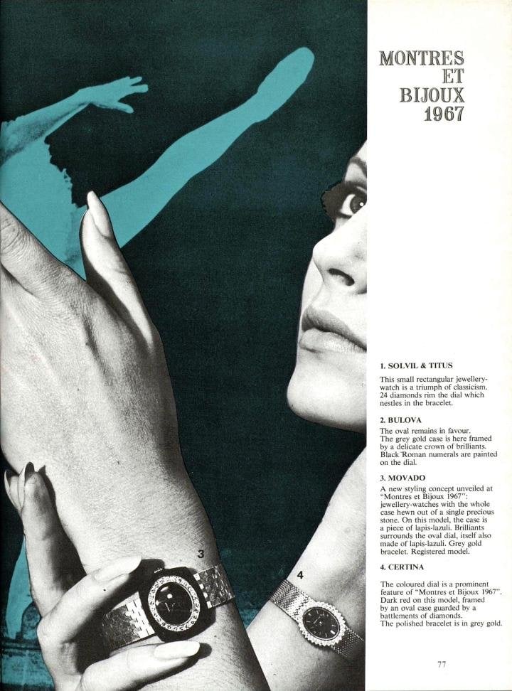 While Certina is best known today for its affordable sports watches, the Swatch Group brand has also produced jewellery watches throughout its history, as evidenced by this model presented at Montres et Bijoux in 1967.