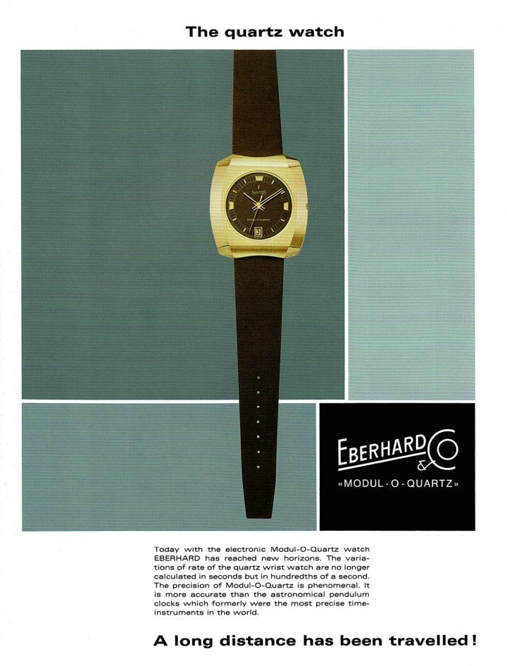 1970: Avant-garde technology, traditional message: Eberhard & Co. introduces its version of the pioneering Beta 21 quartz watch, highlighting its “phenomenal” precision to justify the above-average price. By 1975, this reasoning would no longer hold true.