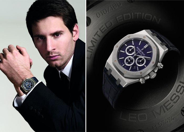 Left: Leo Messi wearing his “Royal Oak Chronograph Leo Messi” - Right: The Limited Edition Royal Oak