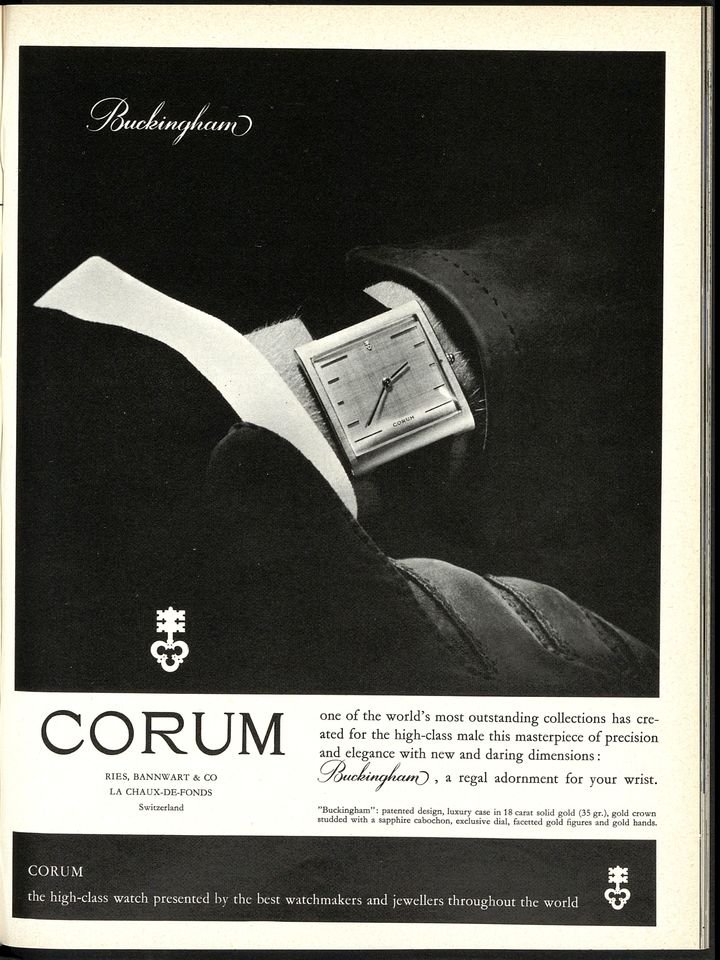 Annonce pour la Corum Buckingham - autre de ces modèles qui ont marqué l'histoire horlogère, sans doute voué à être réédité dans la collection Heritage - diffusée en 1963 dans Europa Star.