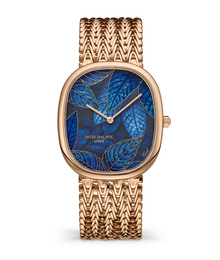 Patek Philippe Golden Ellipse Blue Leaves (2025) in cloisonné enamel and paillonné enamel, enriched with miniature painting