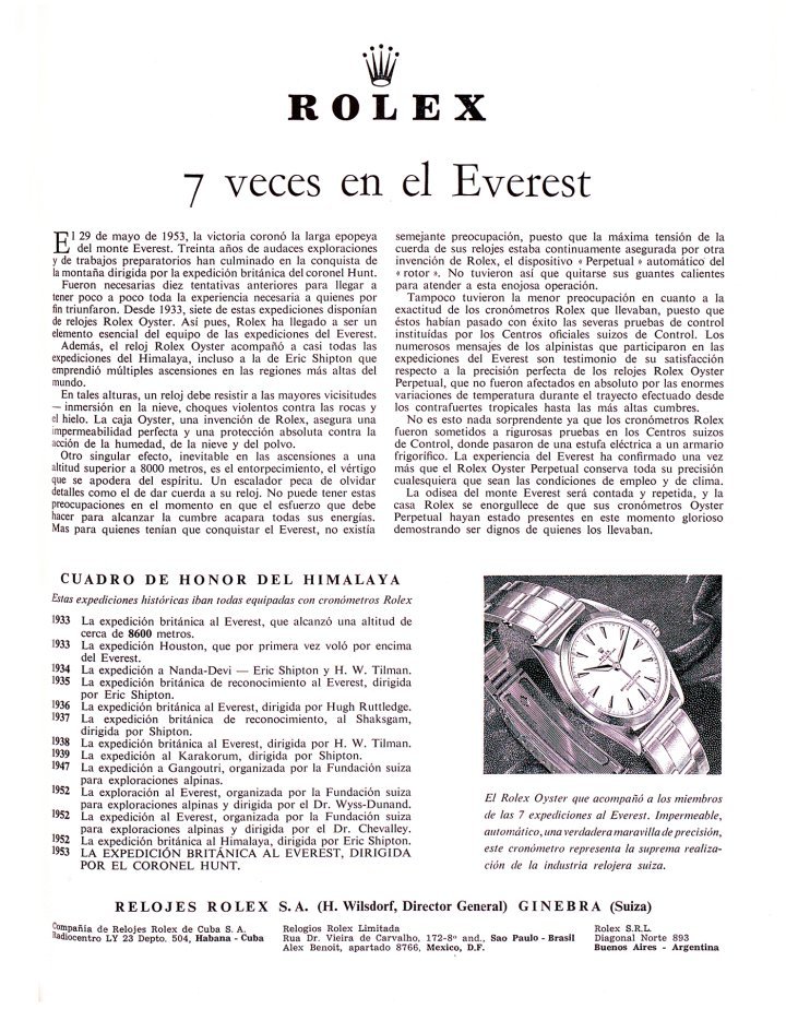 1953: “7 times on Everest”: This Rolex ad, with its limited use of imagery, highlights the fact that the company's watches had been part of expeditions to the world's highest peak for 20 years — a style characteristic of Rolex's communication during this time.