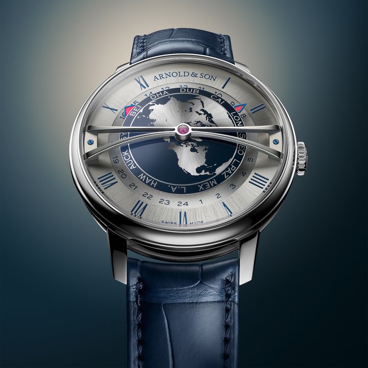 Arnold & Son presents the Globetrotter 42 Steel in Strand Blue & Greenwich Green