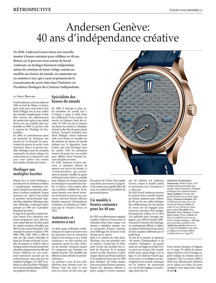 A special jumping hours model for Andersen Genève's 40th anniversary in 2020.