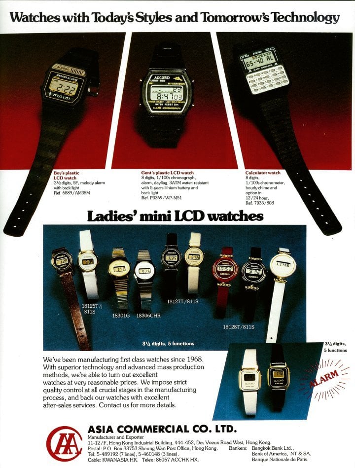 1983: Digital LCDs were becoming more affordable and feature-rich. The Asia Commercial (Hong Kong) range offered models with calendar, chronograph, simple or musical alarm and calculator, powered by batteries that provided five years of autonomy.