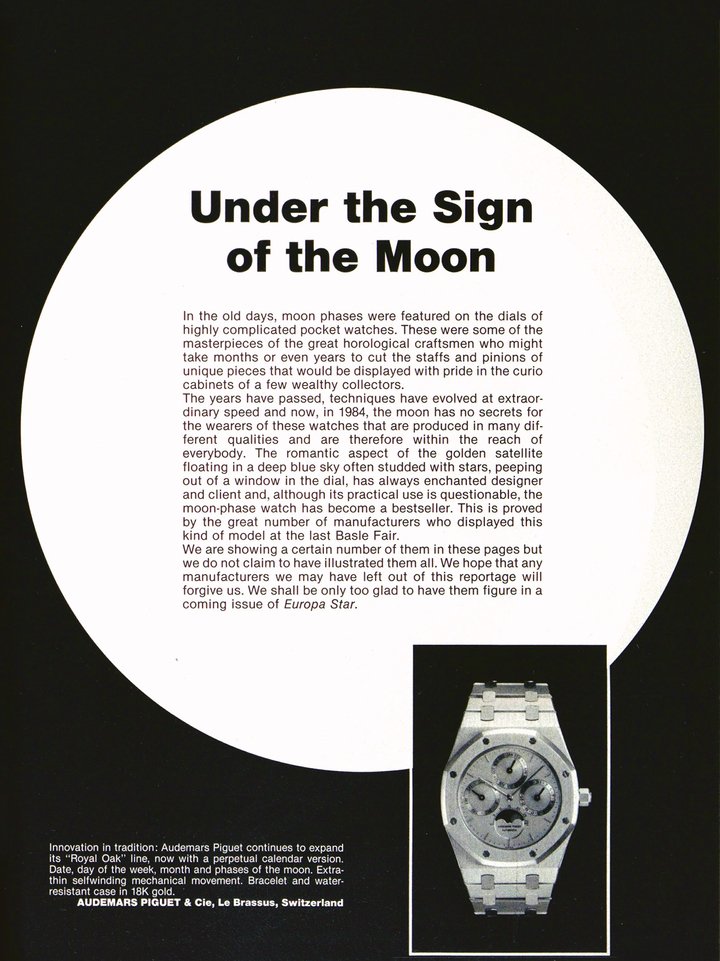 The Royal Oak Perpetual Calendar 25554 featured on the front page of a 1984 Europa Star article on calendar watches. ©Archives Europa Star