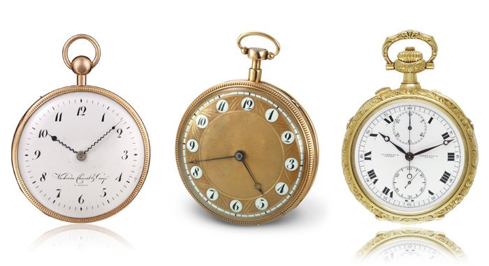 A few of the pieces on show - From left to right: Pocket watch, quarter-repeater, 18K pink gold. White enamel dial, 1816 – Pocket watch, music repeater (chime), pink gold. Gold dial, 1918 – Pocket watch, grande and petite sonneries, quarter and half-quarter repeaters, 30 minute-counter chronograph, 20K yellow gold. White enamel dial. This piece was a special order from the famous American collector James Ward Packard.