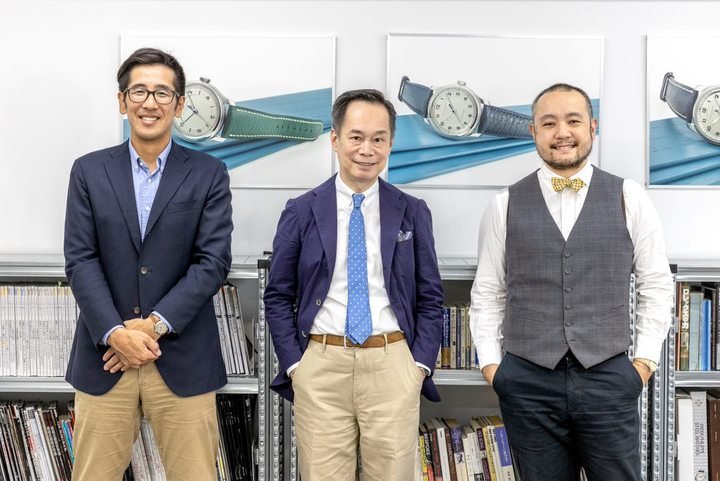 The core team of Naoya Hida, from left: Kosuke Fujita, watchmaker, Naoya Hida, founder and CEO, and Keisuke Kano, engraver.