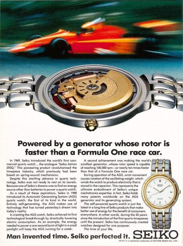1989: The first quartz automatic timepiece realises the dream of a battery-free electronic watch, powered by the movements of the arm. The ad emphasises that the rotor's speed is ten times faster than a Formula 1 race car.