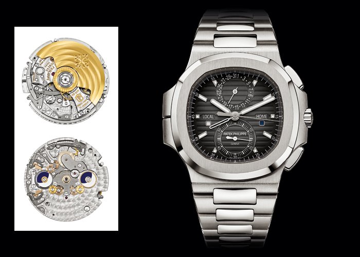 Left: MVT CH 28 250 C FUS - Right: Nautilus Travel Time Chronograph by Patek Philippe (ref. 5990/1A) 