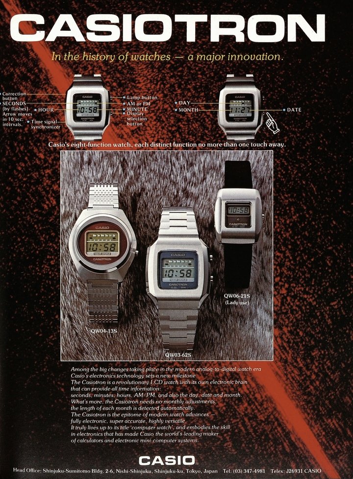 The Casiotron, Casio's first watch, was launched in November 1974 in Japan and featured in Europa Star in 1975, as illustrated by this advertisement from our archives.