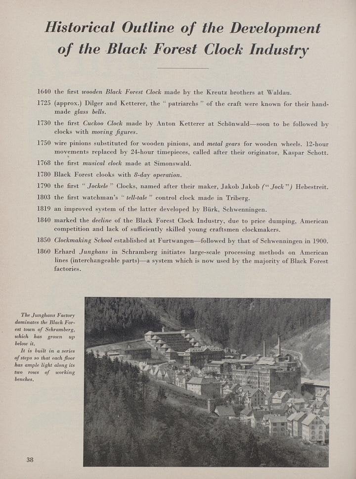 The iconic building of Junghans that dominates the town of Schramberg with its structure in a series of steps is pictured in this history of the development of the clock industry in the Black Forest published in a 1953 edition of Europa Star.