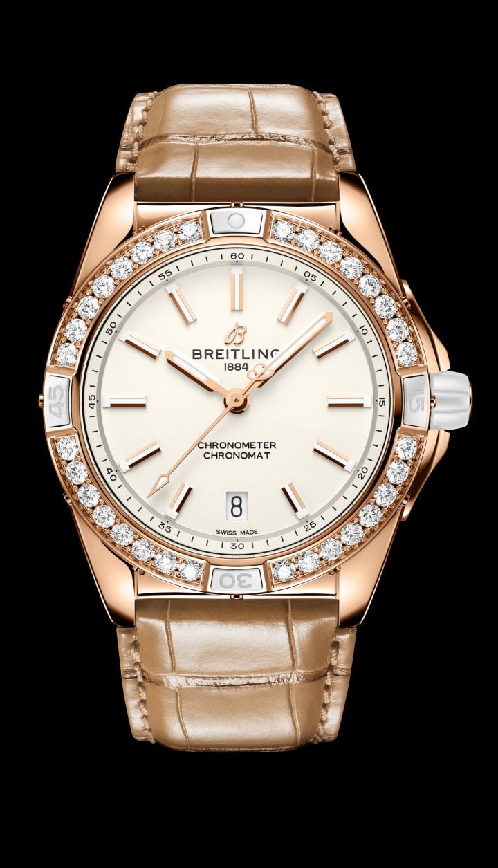The Breitling Super Chronomat Automatic 38 Origins is cased in traceable 18k red gold from an artisanal mine in Columbia that is accredited by the Swiss Better Gold Association. The bezel is set with lab-grown diamonds.