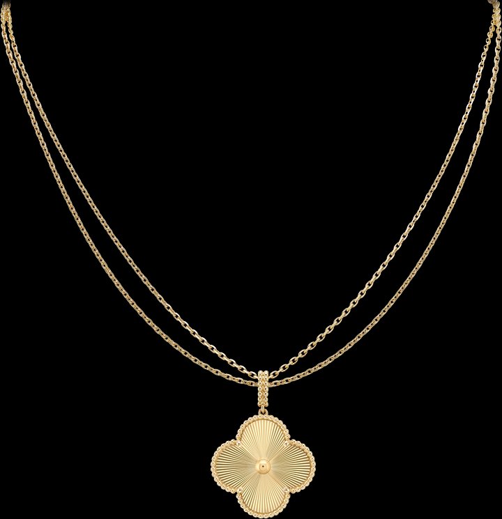 Magic Alhambra long necklace in guilloché yellow gold. In 1968, Van Cleef & Arpels created the first Alhambra long necklace, inspired by the four-leaf clover shape. This motif has since become the absolute emblem of the Richemont-owned brand.