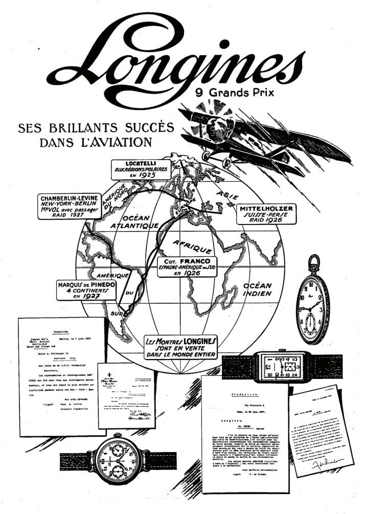 1927: Longines, the official partner of the International Federation, built a strong association with aviation. This ad highlights the records set by pilots who relied on its timepieces.